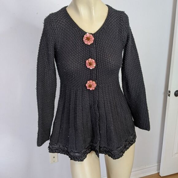 MANOUSH Anthropologie Black Wool Blend Soft Knit sequin Flower Sweater cardigan - Picture 2 of 12